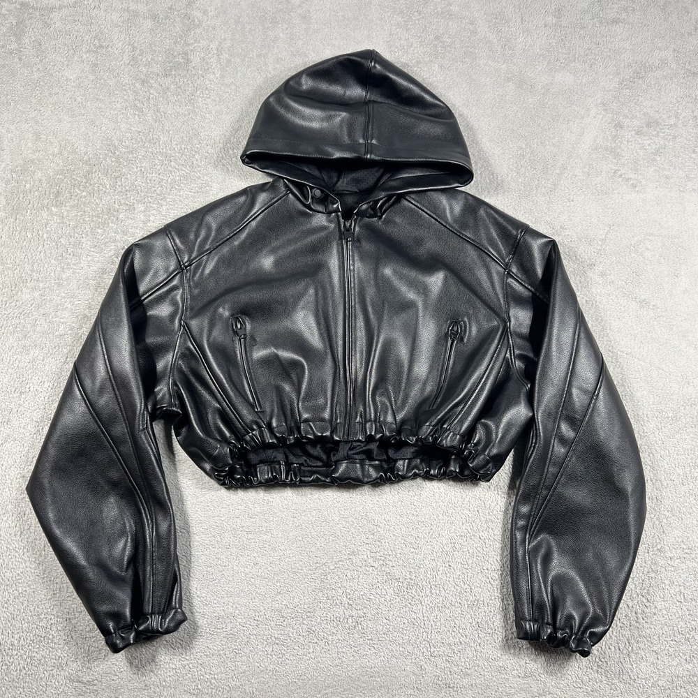KHY Faux Leather Jacket Womens Medium Black Cropped Hooded Full Zip Lined